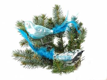 Blå fugle med clips med halefjer 11 cm