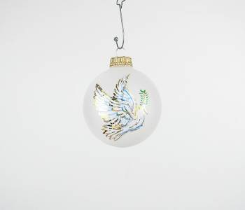 Hvide frostet juletræskugler med freds due Ø 7 cm