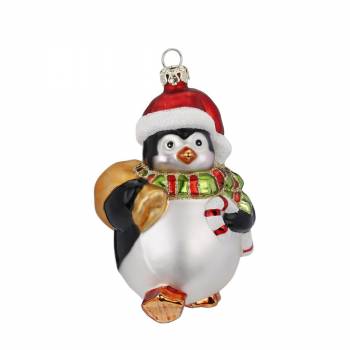 Lille buttet pingvin med gavesæk og sukkerstok 10.5 cm