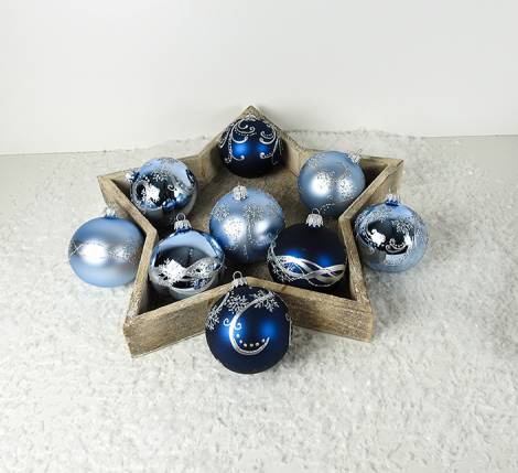 Babyblå midnatsblå mundblæste glas juletræskugler