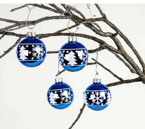 Blå blanke juletræskugler med deko Ø 6 cm