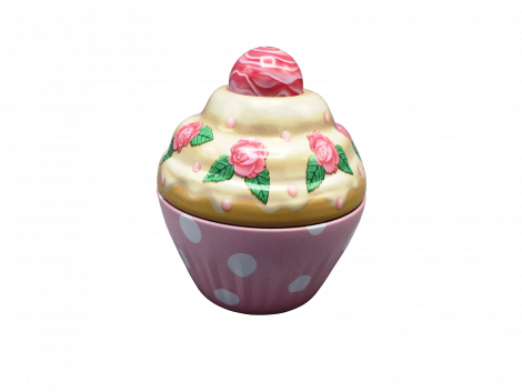 Kagedåse Cupcake rosa med hvide prikker og roser