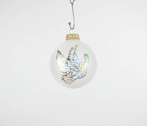 Hvide frostet juletræskugler med freds due Ø 7 cm