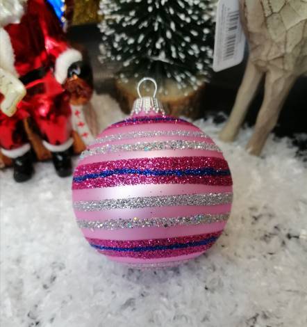 Pink stribet juletræskugle i Ø 7 cm