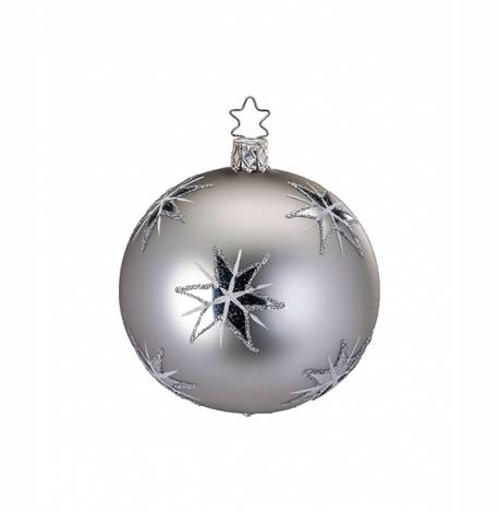 Silkemat sølv juletræskugle med dobbelt stjerner og glimmer
