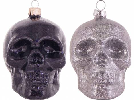 Skull i sorte og sølvglimmer juletræskugler